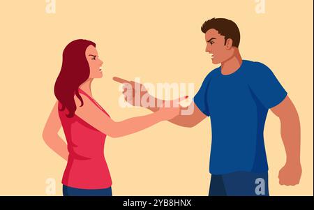 Simple flat vector illustration of a young couple arguing, yelling, and pointing at each other, depicting relationship conflict, communication issues, Stock Vector