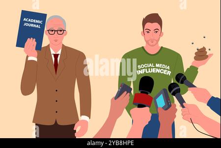 Simple flat cartoon illustration shows that nowadays people trust social media influencers more than experts. Stock Vector