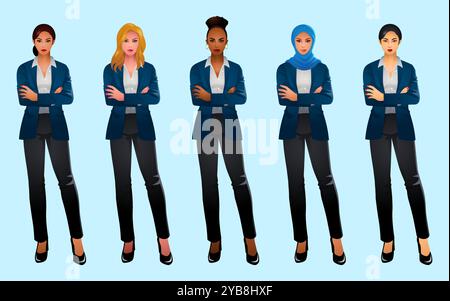 Set of women from various ethnic backgrounds confidently folding their arms, dressed in modern, stylish business suits. Stock Vector