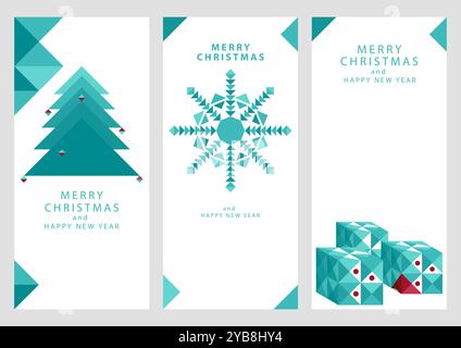 Clean, minimalist set of geometric Christmas icons of a tree, snowflake, and gift boxes. Optimized for mobile screens Stock Vector