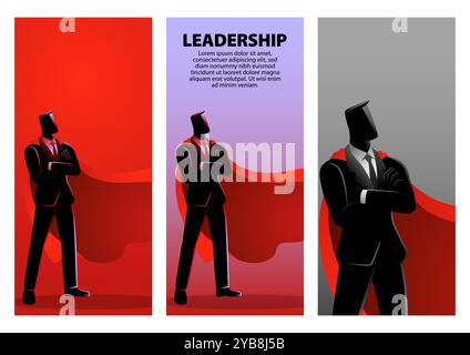 Businessman wearing a magnificent red cape as a superhero symbolizes leadership, It represents someone who takes charge and inspires others Stock Vector