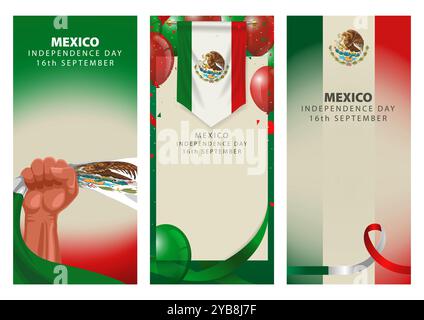 Collection of Mexican flag insignia backgrounds for national events, optimized for phone screen size. Ideal for Independence Day Stock Vector
