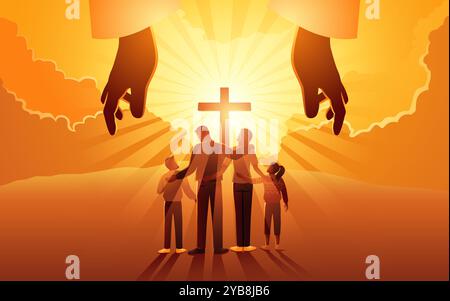 The hand of God protects and blesses a Christian family heading to the top of a hill on which there is a cross. Stock Vector