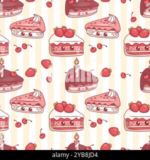 Seamless pattern with cute Piece of birthday cake with cherries, strawberries and candle on striped yellow background. Funny holiday kawaii cartoon ch Stock Vector