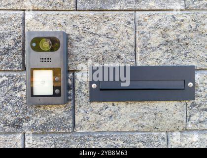 Modern video intercom and mailbox on brick wall Stock Photo