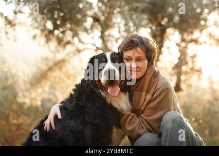 A woman sits close to her Bernese Mountain Dog, both enjoying the warmth of the golden hour light. Stock Photo