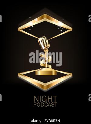 Golden old vintage microphone icon with the text of the night podcast. Radio station banner. Musical hits. Vector design. Stock Vector