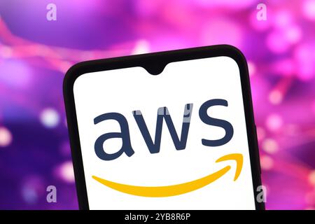 October 17, 2024, Portugal. In this photo illustration, the Amazon Web Services, Inc. (AWS) logo is displayed on a smartphone screen Stock Photo