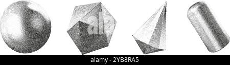 Cube, cylinder, triangle, rhombus with grainy dot texture. Stock Vector