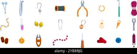 Craft jewellery making icons set. Jewelry pliers, beads, string, findings, clasps, and other tools and materials for creating handmade jewelry are laid out in a flat lay Stock Vector