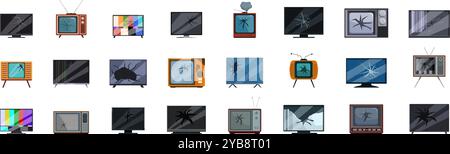 Broken tv icons set. Set of various television, both old and modern, with the screen cracked or broken Stock Vector