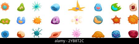 Immune system cells icons set. Cartoon style illustration showing a set of various cells with different shapes and colors representing human biology Stock Vector