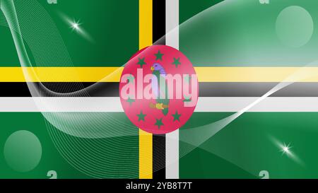Dominica flag with wavy waves and stars glowing wallpaper background Stock Vector