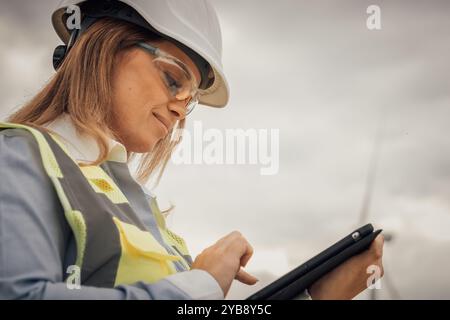 At a busy construction site, a skilled female worker uses a tablet to communicate and collaborate with her team, enhancing efficiency and productivity Stock Photo