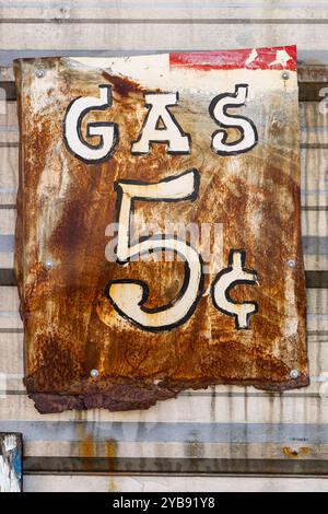 Yoakum, Texas, United States. March 17, 2022. Old rusted sign saying Gas 5 cents.. Stock Photo