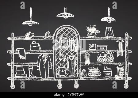 Clothes hanger rack with clothes, accessories and shoes in interior of store, boutique, showroom. Shelves of wardrobe. Hand drawing sketch on Stock Vector