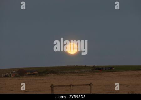 Birling Gap, UK. 17th Oct 2024. Tonights full supermoon, also known as the hunters moon, rises behind hills on the South Downs near Birling Gap in East Sussex,UK. Credit: Ed Brown/Alamy Live News Stock Photo