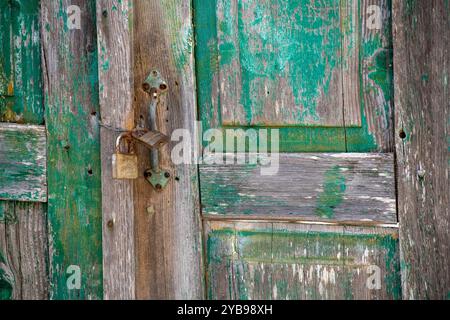 old and distressed green painted rustic wooden door with peeling and flaking weathered paintwork in the shabby chic or country farmhouse style. Stock Photo