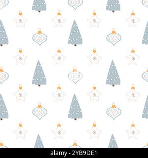 New Year's Christmas winter pattern with Christmas trees and Christmas decorations on a white background.Suitable for packaging, wrapping paper, wallp Stock Vector