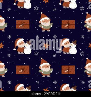 New Year Christmas winter pattern with gnomes, Santa, snowflakes, Poinsettia, gifts, stars, branches on a blue background.Suitable for packaging, wrap Stock Vector