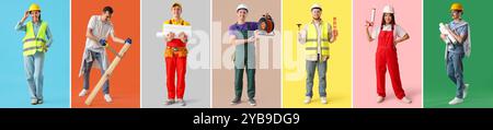 Set of different workers on color background Stock Photo