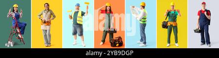 Set of different workers on color background Stock Photo