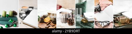 Collage of books with cups of hot drinks, candles and Christmas decor Stock Photo