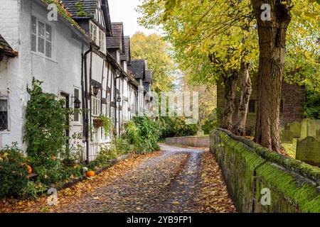 Autumn view along an the old  picturesque cobbled School Lane in the Cheshire village of Great Budworth with fallen leaves Stock Photo