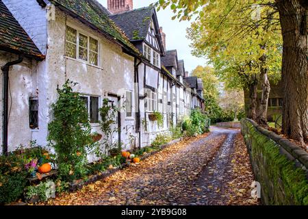 Autumn view along an the old  picturesque cobbled School Lane in the Cheshire village of Great Budworth with fallen leaves Stock Photo