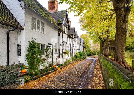 Autumn view along an the old  picturesque cobbled School Lane in the Cheshire village of Great Budworth with fallen leaves Stock Photo