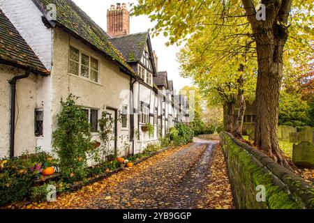 Autumn view along an the old  picturesque cobbled School Lane in the Cheshire village of Great Budworth with fallen leaves Stock Photo