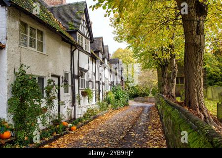 Autumn view along an the old  picturesque cobbled School Lane in the Cheshire village of Great Budworth with fallen leaves Stock Photo