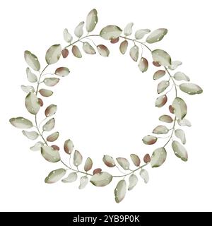 Watercolor wreath greenery. Hand drawn botanical round Frame with foliage on isolated background for greeting cards or invitations. Herbal Decoration Stock Photo