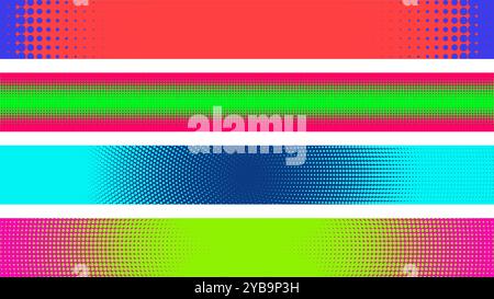 Bright and colorful horizontal stripes feature varied dotted patterns in shades of red, green, blue, and pink. Vector illustration Stock Vector