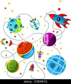 Vector space dot-to-dot and color activity with cute planet. Astronomy ...