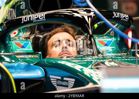 Austin, United States. 17th Oct, 2024. Spanish Formula One driver Fernando Alonso of Aston Martin prepares prior to the Formula One United States Grand Prix at the Circuit of the Americas in Austin, Texas on Thursday, October 17, 2024. Photo by Greg Nash/UPI Credit: UPI/Alamy Live News Stock Photo