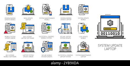 Color maintenance and update software app line icons. Vector computer, mobile phone and laptop system upgrade, new application download progress bars and install status gears outline symbols set Stock Vector