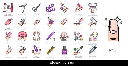 Nail manicure service color line icons. Vector outline nail polish and hand care tools, beauty and spa salon fingernail clipper, file and scissors, cuticle nipper, pusher and oil isolated signs Stock Vector