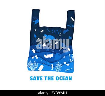 Plastic bag and waste on the sea bottom, environment concept. Paper cut banner of plastic bag vector silhouette with 3d origami layered blue waves, garbage and sea animals, ocean fish, turtle, seaweed Stock Vector