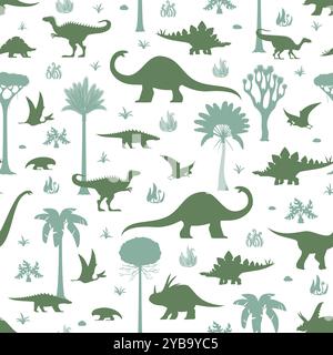 Prehistoric dinosaurs seamless pattern with light green silhouettes of dino species roam amidst ancient trees and plants on white background. Vector childish tile with dino at tropical landscape Stock Vector