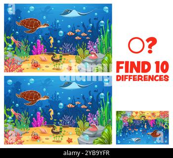 Kids game worksheet, find ten differences on underwater landscape. Vector riddle for developing attention to detail and observation skills. Children task with vivid ocean scene filled with marine life Stock Vector