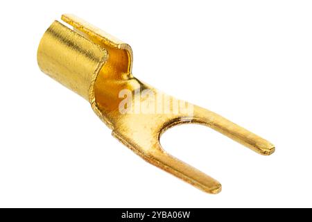 Gold Fork Terminal Connector Close Up Isolated on White Stock Photo