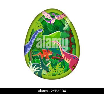 Paper cut dino egg with prehistoric dinosaurs landscape. 3d vector papercut egg-shaped frame or border with layers, featuring dinosaur species in jungle forest with lush greenery, ferns and trees Stock Vector