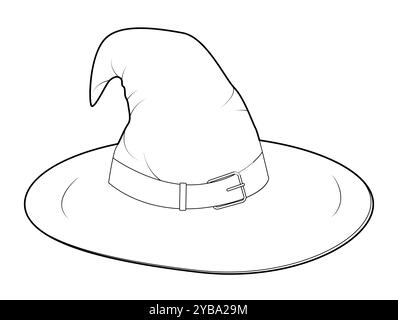 Wizard Hat Magic Head Fashion accessory cap with wide brim clothing technical illustration. Vector headgear for Men, women, unisex style, flat template CAD mockup sketch outline isolated Stock Vector