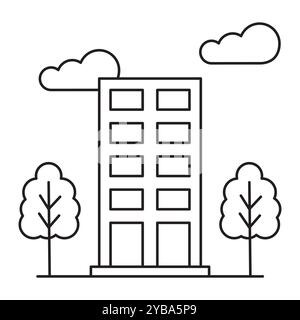 Black and white outline of a tall building with trees. Minimalistic style, thin lines. Two clouds in the sky. Stock Vector
