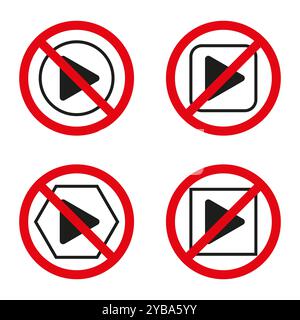 Prohibited play icons. Red circle play buttons. Stop multimedia symbols. Vector no action signs. Stock Vector