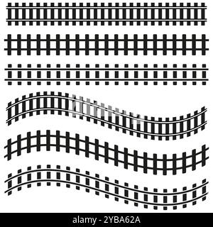 Railroad track icon. Curved and straight rails. Transportation symbol. Black and white vector. Stock Vector