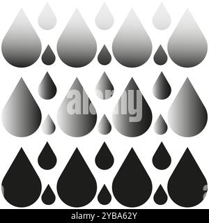 Gradient droplet pattern. Monochrome gradient drops. Water droplet icons. Abstract rain symbols. Stock Vector
