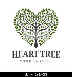 Love Tree Design. Heart Shaped Tree with branches and leaves, symbol of love, Growth and Natural Life Logo Illustration Stock Vector