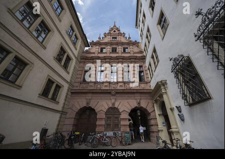 South entrance of the town hall red building, Wuerzburg, Lower Franconia, Bavaria, Germany, Europe Stock Photo